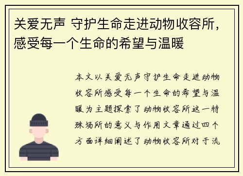 关爱无声 守护生命走进动物收容所,感受每一个生命的希望与温暖 关爱无声 守护生命走进动物收容所,感受每一个生命的希望与温暖