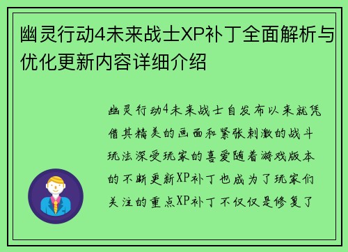 幽灵行动4未来战士XP补丁全面解析与优化更新内容详细介绍